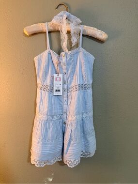 Girls Love Shack Fancy NWT Lace-Trim Strappy dress in Light Blue with Ribbon